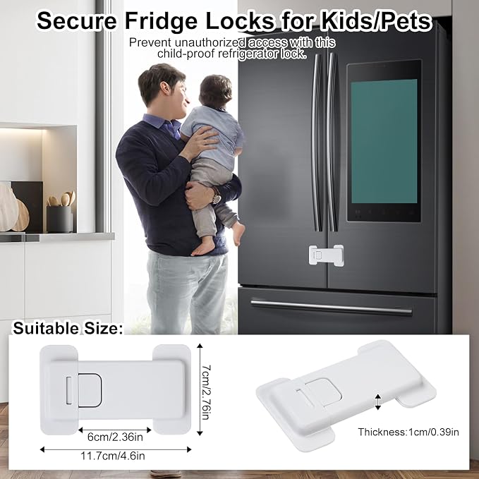 Fridge Locks for Kids, Child Proof Refrigerator Lock, Baby Safety French Fridge Door Lock, Child Cabinet Locks with Strong 3M Adhesive, No Drill, Tool-Free Install (2 Pack, White)