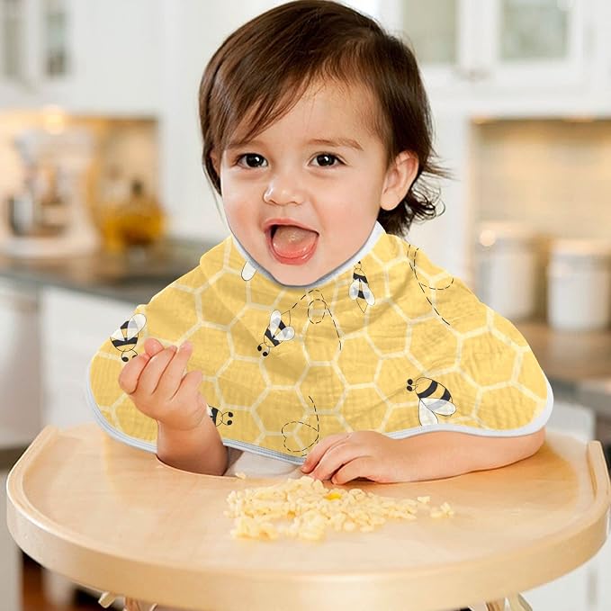 Cute Bee On Honey Yellow Honeycomb Muslin Burp Cloths for Baby 2 Pack 100% Cotton Baby Washcloths Bibs for Boy Girl