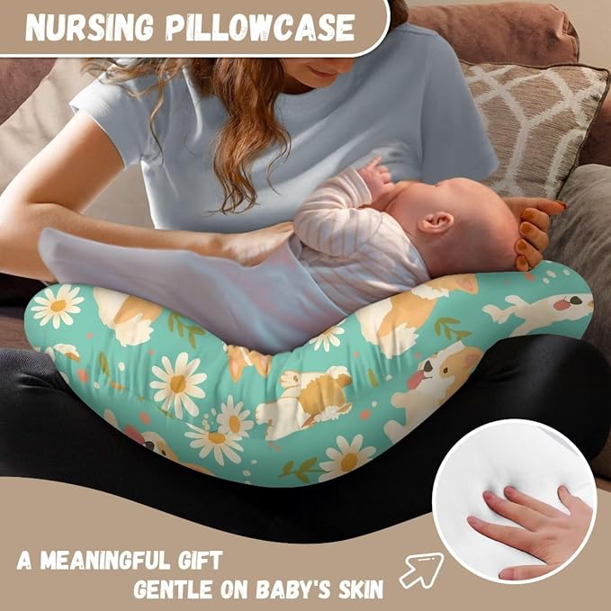 Jeiento Cute Welsh Corgi Dog Nursing Pillow Covers Daisy Flower Nursing Pillowcase for Mom,Newborn Zipper Slipcover for Breastfeeding Pillows Reversible Removable U-Shaped Pillow Case for Dog Lover