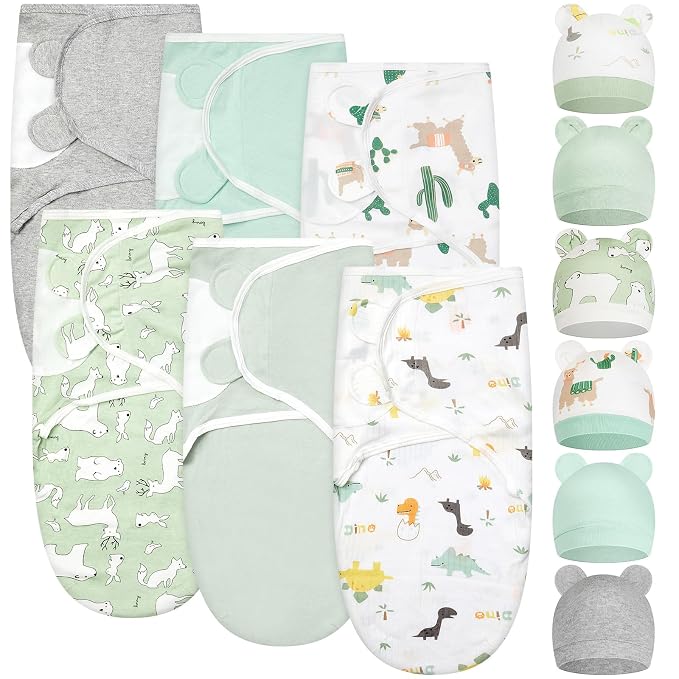 Ramede 6 Pack Swaddle Blanket with Hats for Baby Girl Boy 100% Cotton Swaddles 0-3 Months, Adjustable Breathable Skin Friendly Receiving Blanket Wrap, Essential for Newborns(Alpaca,Green)