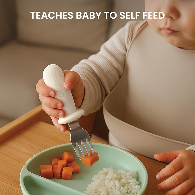 Lulyboo Baby Silverware Set - Self-Feeding Toddler Fork & Spoon with Easy-Grip Handles, Stainless Steel, BPA-Free, Dishwasher Safe, Perfect for 4+ Months (Ivory)