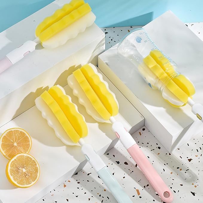 INVODA 4PCS Bottle Brush Long Handle Cup Cleaner Brush Sponge Bottle Scrubber Replaceable Brush Head Portable Bottle Cleaning Brush for Baby Bottle Dishwashing Kitchen Clean Mugs (4PCS+ 4 Brush heads)