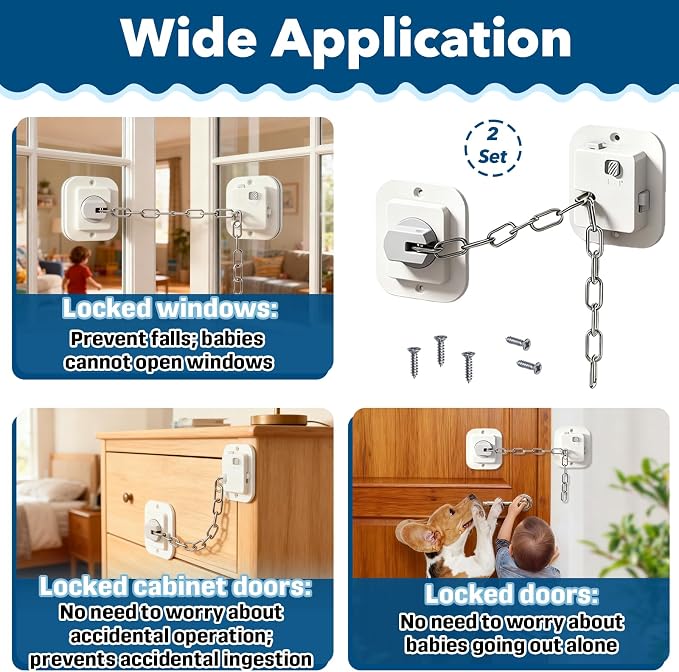 Child Proof Door Locks, No-Drill Adjustable Baby Safety Locks with 3M Strong Adhesive, Ideal for Refrigerators, Cabinets, Drawers & Toilets