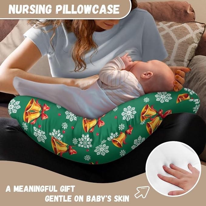 Christmas Bells Snowflake Nursing Pillow Cover with Hidden Zipper Skin-Friendly Dustproof Baby Nursing Pillowcase for Bottle & Breastfeeding Pillows, Red Christmas Decor