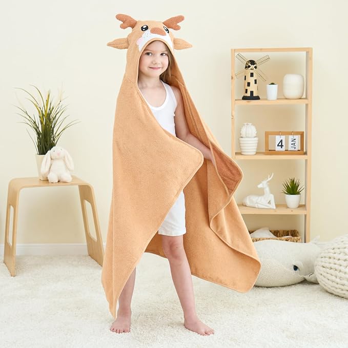 Style Quarters Brown Elk Hooded Towel for Kids – Soft, Absorbent Cotton, Embroidered Baby Bath Towel, Cozy, Lightweight – Ideal for Toddlers & Children(50"x30")