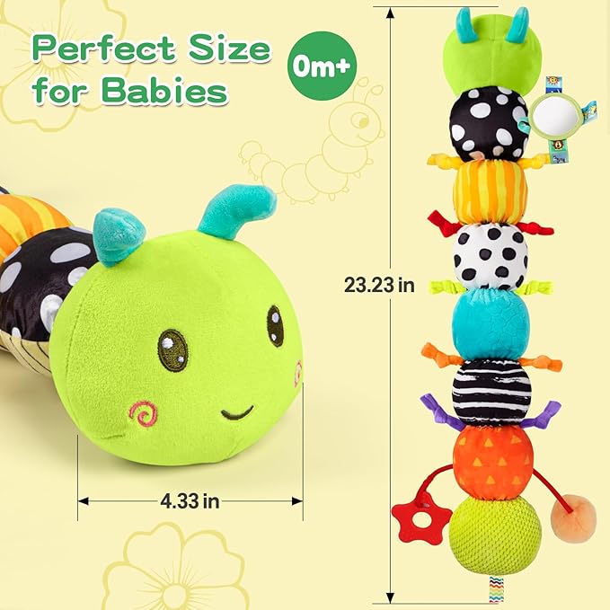 Baby Sensory Toys 0-6 6-12 Months, Musical Plush Animal Stuffed Caterpillar with Crinkle & Rattle, Tummy Time Toys for Infants Newborn 3 6 9 12 18 Months, Car Seat and Shower Gifts for Boys Girls