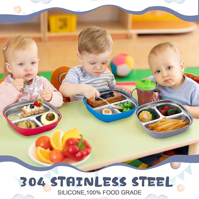 Geiserailie Square Stainless Steel Toddler Plates with Suction – 7.68” Divided Plates with Removable BPA-Free Silicone Sleeves, Unbreakable Baby Feeding Dishes Set of 4(Bright Colors)