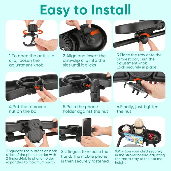 Universal Stroller Snack Tray, 4 in 1 Stroller Tray Attachment with Cups Phone Holder for Baby Toddler Stroller, 360° Rotation Universal Stroller Tray Compatible with Uppababy, Baby Jogger, etc