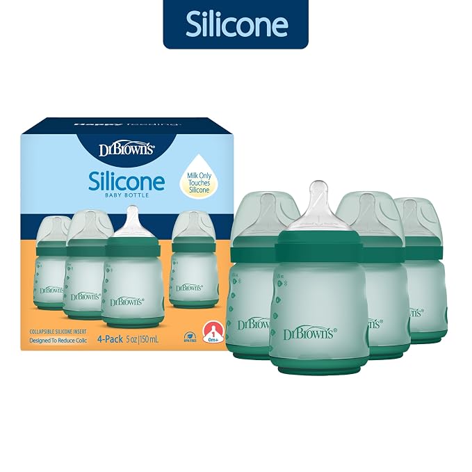 Dr. Brown's Silicone Baby Bottle with Collapsible Insert Designed to Reduce Colic, 5 oz with Wide-Neck Level 1 Slow Flow Nipple, BPA-Free, 0m+, Green, 4-Pack