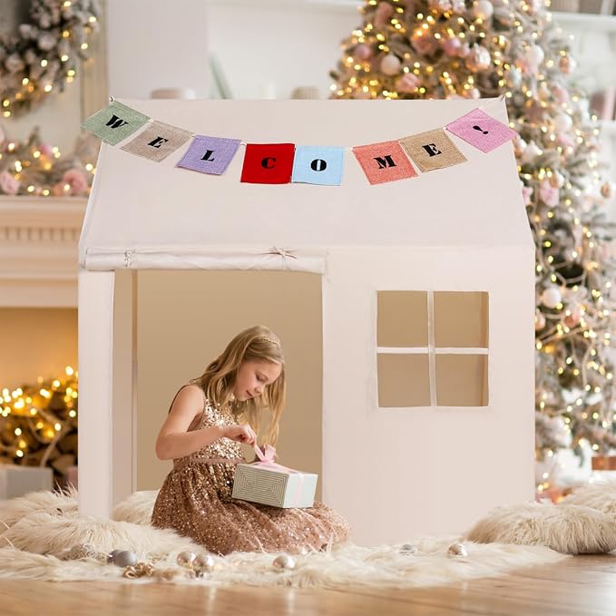 Kids Play Tent Large Playhouse Indoor Outdoor Play House Tent for Boys Girls Toddlers Castle Tents with Banners (Beige(with One Window))