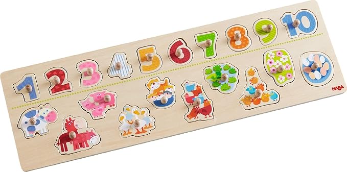 HABA Clutching Animals 20 Piece Wooden Peg Puzzle Reinforces Numbers 1-10