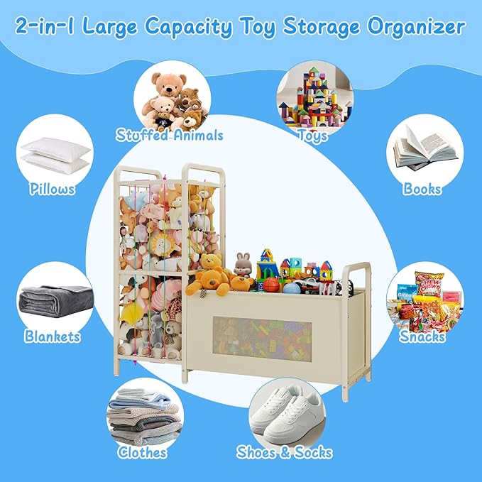 B10 Toy Storage Organizer with Stuffed Animal Storage, Large Toy Box Chest and Stuffed Animal Holder Zoo Organizer with Elastic Ropes for Nursery, Kids Room, Playroom, Bedroom, Beige