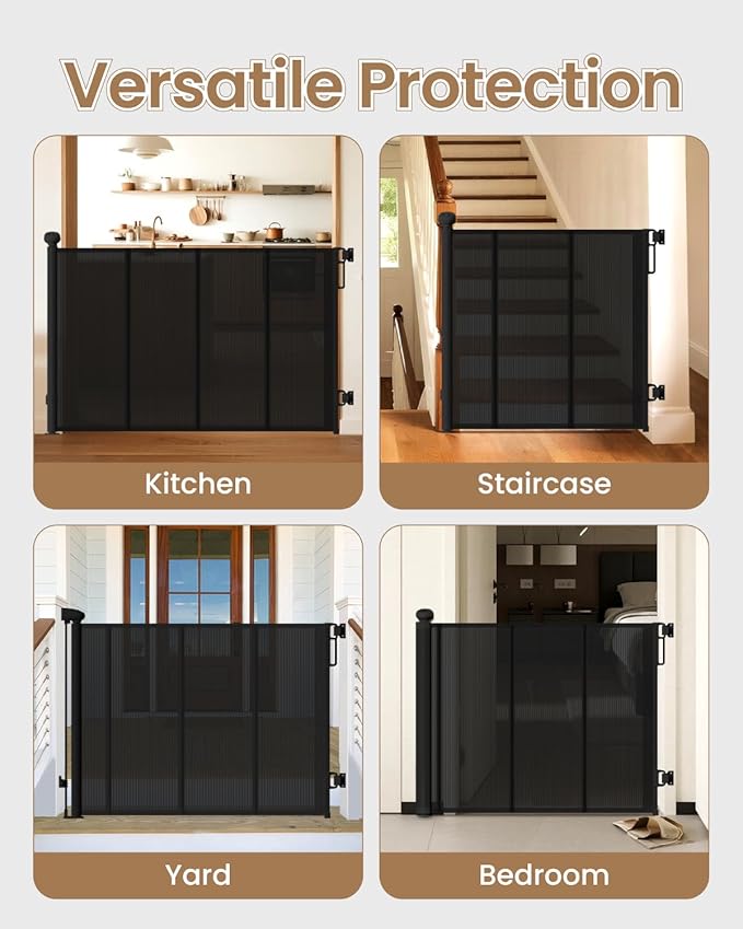 Mesh Dog Gate 71" Wide 34" Tall, Retractable Gate for Dogs with Reinforced Rod Design, One-Hand Operation, Mesh Pet Gate Fits Over Baseboards for Indoor Use, Black
