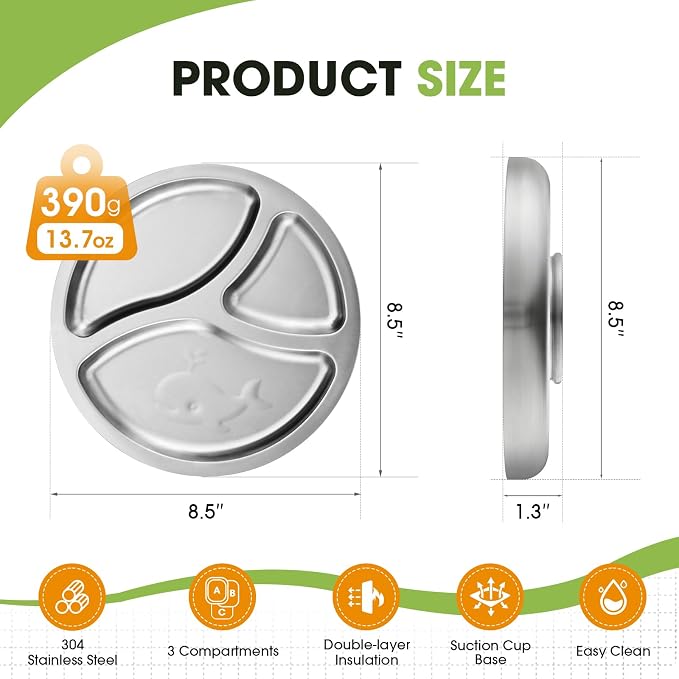 Stainless Steel Toddlers Plate with Silicone Suction, 8" Divided Plate, BPA-Free, Dishwasher Safe, Unbreakable, Non-Toxic, for Baby Led Weaning Supplies(Blue)