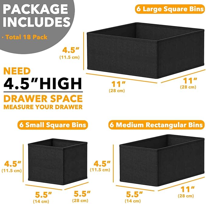 SpaceAid Drawer Organizer for Clothes, 18 Pack Dresser Drawer Organizer Bins, Closet Organizers and Storage Dividers for Clothing, Underwears, Socks (Black)