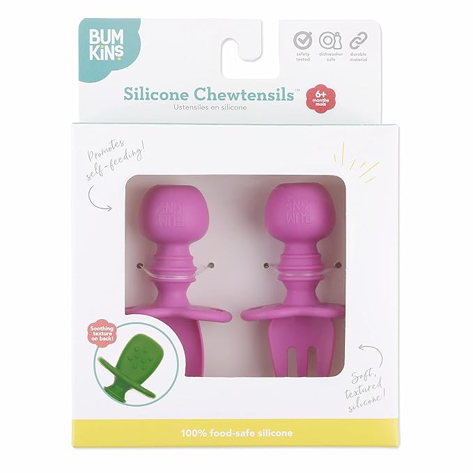 Bumkins Baby Utensils Set, Chewtensils Silicone Spoons for Dipping, Self-Feeding, Baby Led Weaning, Trainer Learning, First Stage Eating, Soft Practice Fork and Spoon, Babies 6 Months, Fuchsia