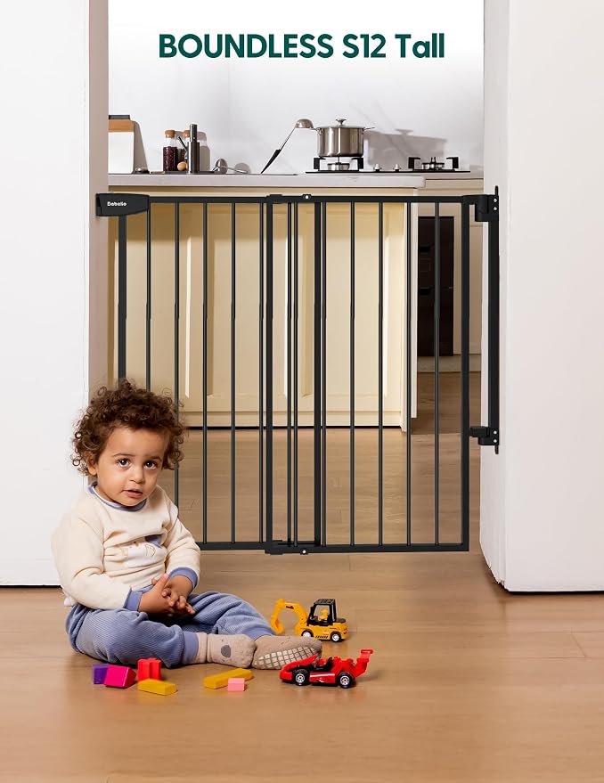 Babelio 34" Tall No Bottom Bar Baby/Dog Gate for Stairs, House and Doorways, 29.7-46.5" Auto Close Safety Pet Gates with Large Walk Thru Door, Hardware Mount, Black