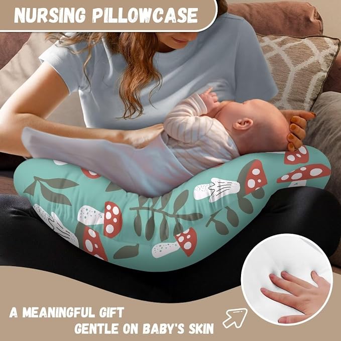 Mushroom Leaves Nursing Pillow Cover, Washable & Breathable Nursing Pillow Case for Newborn Breastfeeding Pillow Slipcover for Baby Boys & Girls