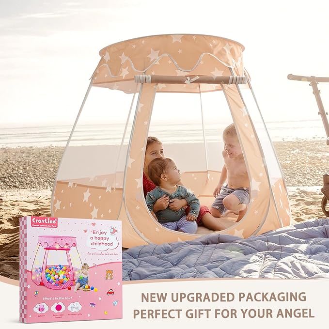 Crayline Pop Up Princess Tent with Star Light, Toys for 1 2 3 Year Old Girl Birthday Gift, Ball Pit for 12-18 Months Baby Girl Gifts Toddler Toys, Easy to Pop Up and Assemble(Brown)
