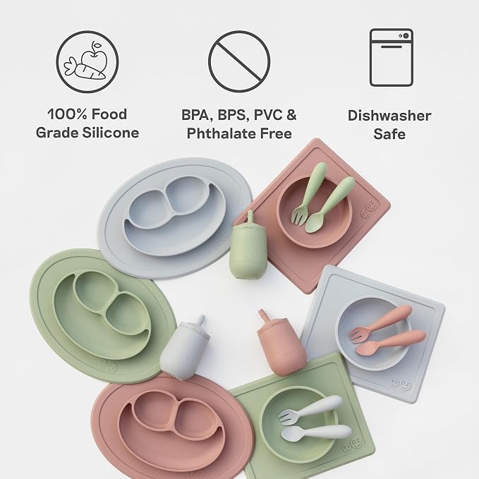 ezpz Mini Bowl (Blue) - 12 Months+ - 100% Silicone Suction Placemat + Bowl for Toddlers - Comes with a Reusable Travel Bag