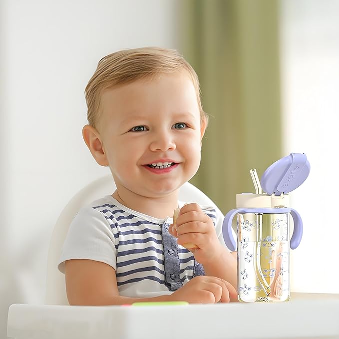 Evorie Tritan Spill Proof Toddler Straw Sippy Cup, 10 oz for Baby and Toddlers 1-3 Years Old, No Spill Straw Water Bottle with Removable Handles, Ideal for School, BPA-Free, Blue Rabbit