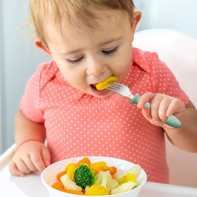 Pimoys 6 Pieces Toddler Utensils Forks and Spoons,Kids Silverware Set with Plastic Handle Stainless Steel Toddler Silverware,Dishwasher Safe