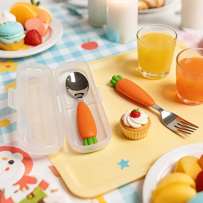 Toddler Fork and Spoon Utensil Set, 4 Pack, Carrot Set | with Case, Silicone handle, 304 Stainless Steel