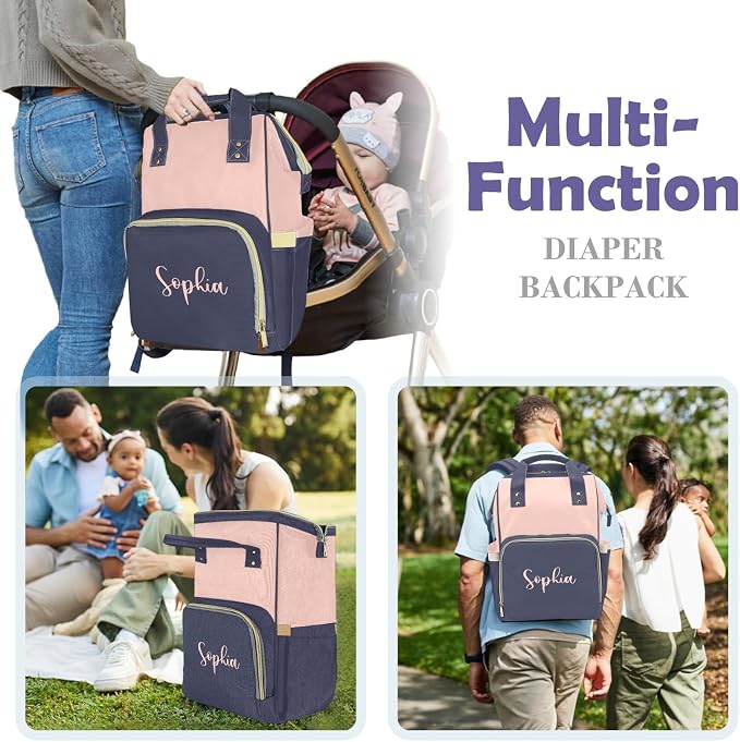 Custom Diaper Bag with Name Personalized Multifunctional Mommy Backpack for Daughter Granddaughter, Blue Daypack Bag for Travel