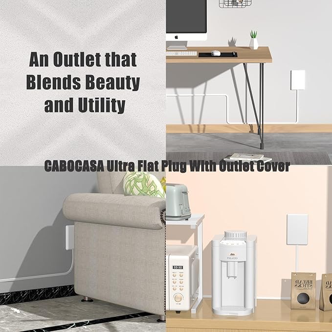CABOCASA 3FT Ultra Flat Plug Extension Cord Power Strip with 3 Outlets, Patented Detachable Ultra-Thin Outlet Cover Concealer & Ultra-Flat Plug, Max. 13A 125V 1625W ETL Listed, White Color
