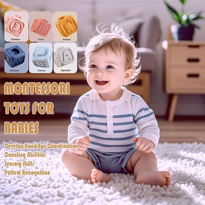 2-in-1 Soft Stacking Blocks & Rings,Montessori Sensory Toys for Babies 6 12 18 Months,Essentials Squeeze Teether,Textured,Sensory Educational Learning Toys for Infant