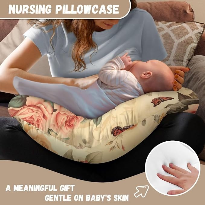 Butterfly Rose Nursing Pillow Cover, Premium Quality Soft Breast Feeding Pillow Covers Great for Breastfeeding Moms