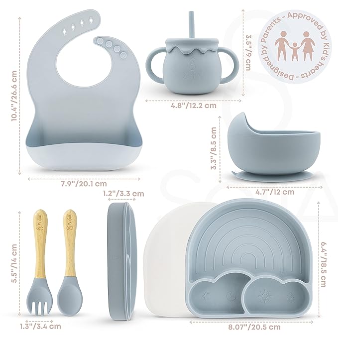 BPA-Free Non-Toxic Silicone Baby Feeding Set ??Suction Plate, Bowl, Bib & Cup ??11-Piece Baby Led Weaning Set for Ages 6-18 Months ??Eco Gift Bag (Dusty Blue)