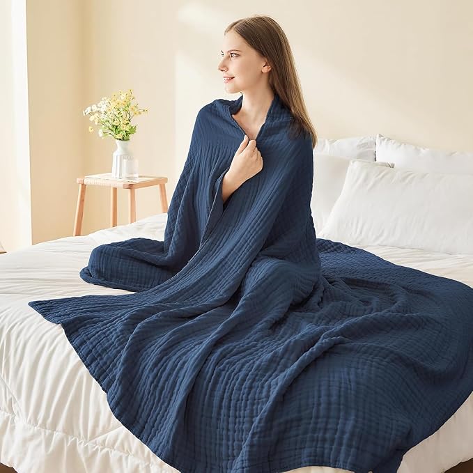 EMME Cotton Muslin King Blanket Big Oversized Bed Layering Bedspread Coverlet Breathable Gauze Soft Lightweight Blankets (Navy, 120"x94")