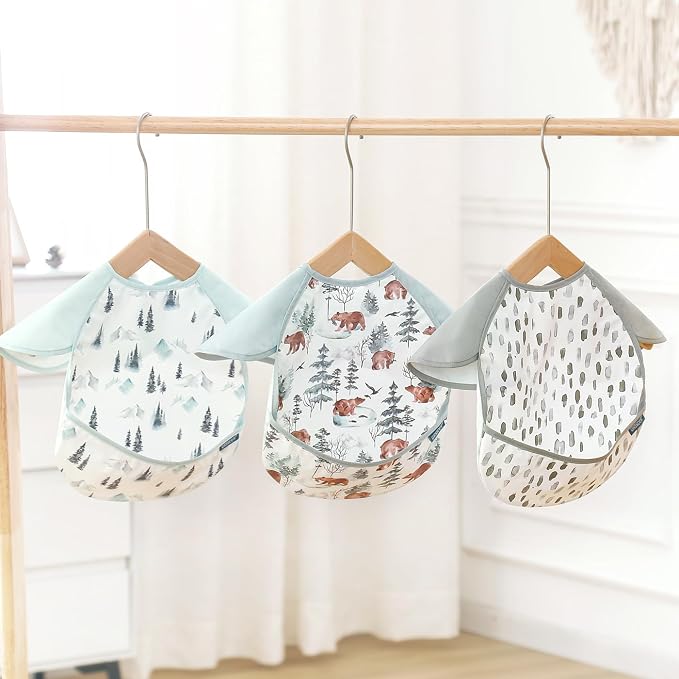 GRSSDER 3-pack Mess Proof Baby Feeding Bibs with Food Catcher Pocket, Soft Lightweight Waterproof Fabric Material with Zero Plastic-like Feel, Adjustable and Easy Clean Toddler Bibs for 6-36 Months