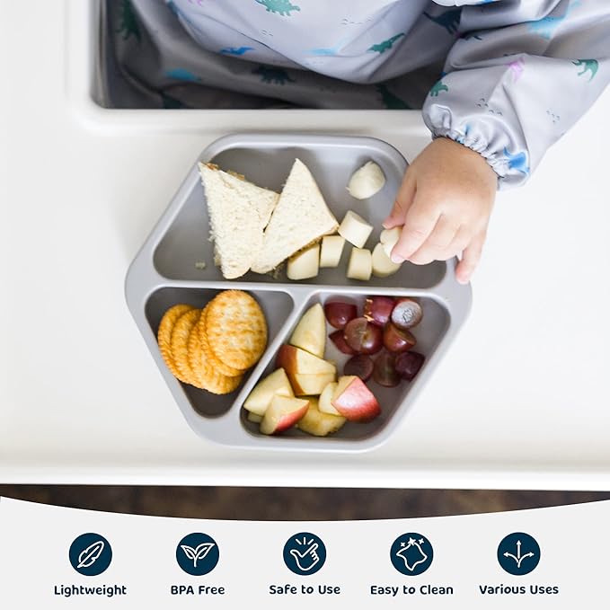 Tiny Twinkle Silicone Suction Baby Plate, Suction Grip Divided Dish for First Foods and Self-Feeding Toddlers, Baby Led Weaning Supplies for Independent Eating (Grey Plate)