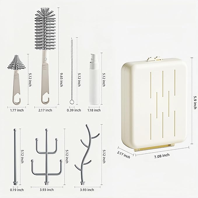 6-in-1 Baby Bottle Brush Set with Nipple Brush, Silicone Bottle Brush,Straw Brush, Soap Dispenser, Drying Rack, Portable Travel Cleaning Kit for Newborn Care with Baby Essential