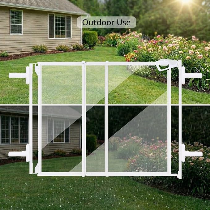 beeNbkks Clear Dog Gate for Stairs, No Bottom Bar 30" Tall Pet Barrier with 4 Banister Adapters, Fits 1.5"-3.5" Wide Posts, 29.5"-44.5" (1 Rail) or 30.5"-46" (2 Rails) Wide Opening, Indoor Outdoor Use