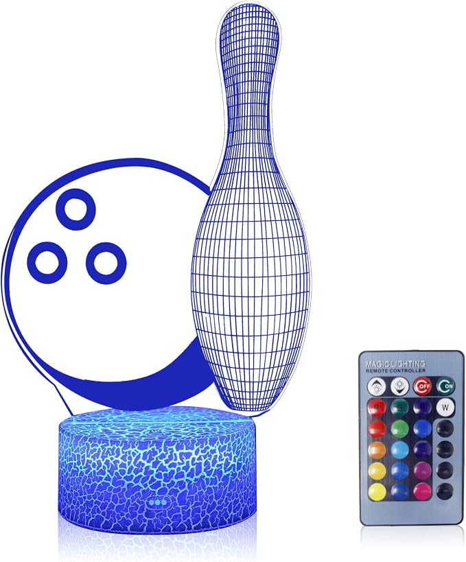 3D Illusion Bowling Night Light Teenager Christmas Gifts Xmas Gift Lamp 16 Color Change Touch White Crack Base Birthday Present with Remote Control Boys Girls