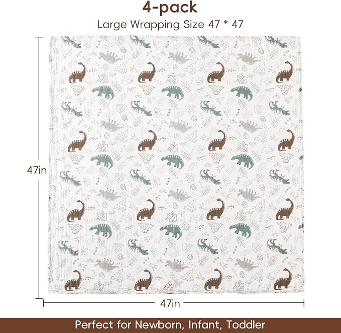 david's kids 4 Pack Baby Muslin Swaddle Blankets, 100% Cotton and Ultra Soft Breathable Receiving Blanket Wrap for Boys Girls, New Born Essentials, Large 47 x 47 inches, Dinasor & Camp