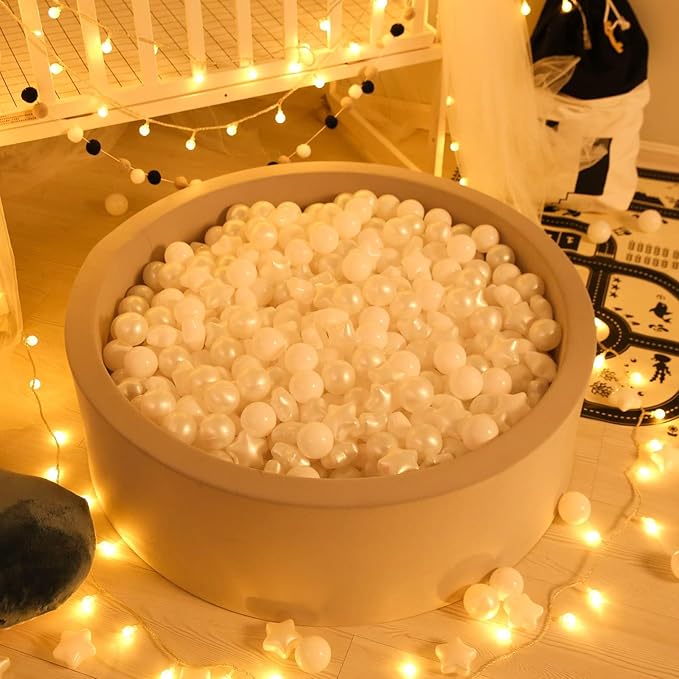 GOGOSO Ball Pit Balls for Toddler, Baby Plastic Playballs Kids Soft Pastel Pelotas Non-Toxic BPA-Free, Pearl White+White Star Balls,100 Balls