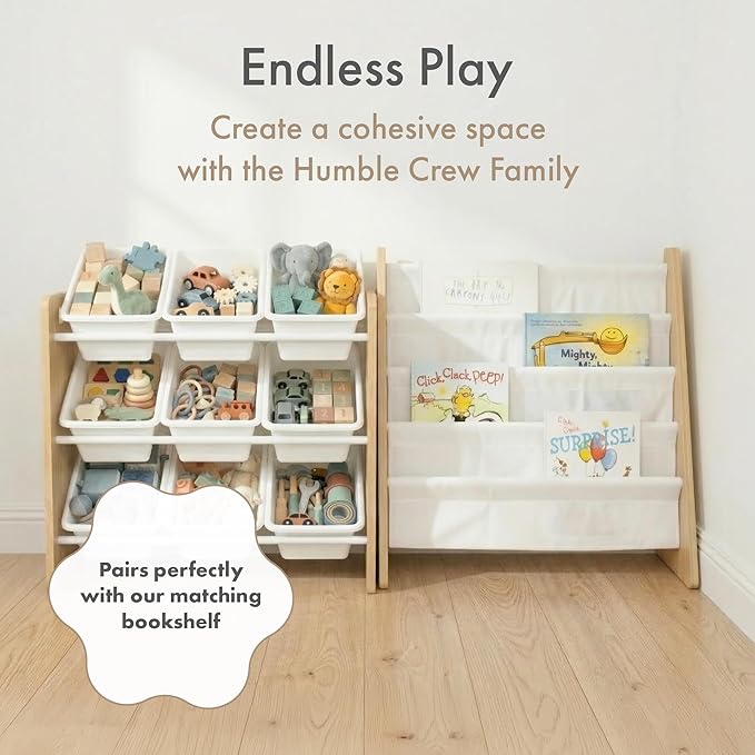 Humble Crew Toy Storage Organizer with 9 Removable Storage Bins for Kids Playroom, 3-Tier Toy Organization, Natural Wood/White