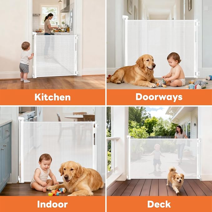 (2 Pack) Retractable Baby Gate for Stairs and Doorways, 55" Wide x 33" Tall Mesh Dog Gate for Indoor & Outdoor Use, Safety Gate for Babies and Pets, Child Gates for Hallways, Hardware Mounted, White