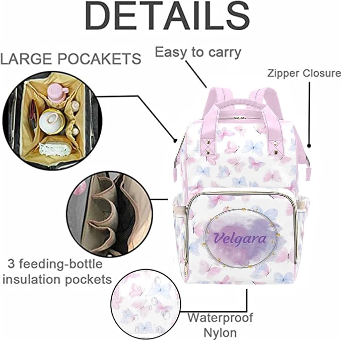 Custom Colorful Butterfly Diaper Bag for Women, Personalized Name Multifunction Nylon Nursing Mommy Daypack with Large Capacity for Travel, Birthday Mother Gift