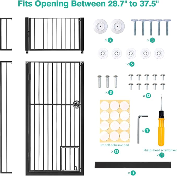 71 inch Extra Tall Gates for Cats Dogs, Adjustable 28.7" and 37.5" Wide Cat Gate, Pressure Mounted Full Door Pet Gate for Doorway, Stairs,House (Black, 71")