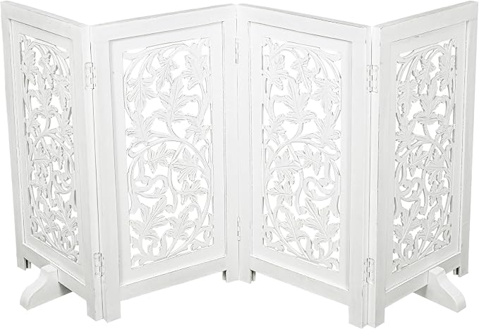 Dog Gate for Indoor Use, 4 Panel Free Standing Foldable Wooden Pet Barrier, 56x28 Inch Decorative Lucy Design Dog Fence for Doorway, Stairs, or Hallway, White Antique