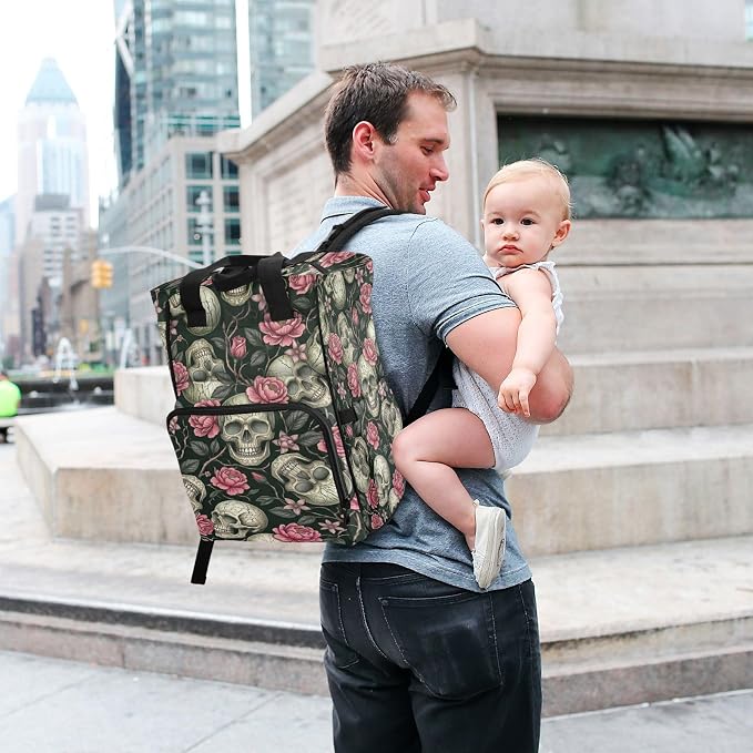 Green Skull Rose Diaper Bag – Travel Large Capacity for Mom Dad