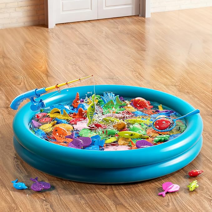 NIPLOOOW Pool Fishing Toys Games, Water Table Bathtub Toy with Inflatable Pool Pole Rod Net Plastic Floating Fish, Birthday Gifts for Kids Age 3 4 5 6 Year Old,Kids Outdoor Toys