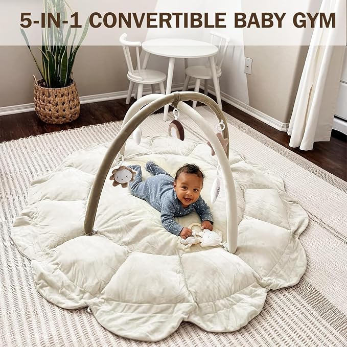 Little Dove 5-in-1 Convertible Baby Play Gym with 6 Toys, Tummy Time Mat for Sensory Development, Baby Activity Center for Newborn & Toddler, Ball Pit, Soft Pet Mat, No Ball Included Brown