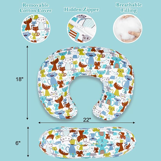 Nursing Pillow - Breastfeeding Pillow with Breathable Filling & Removable Cover, Ergonomic Support for Breastfeeding & Bottle (Blue Cat,0-12 Months)