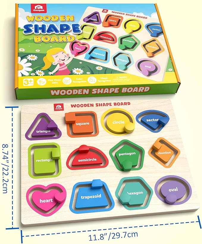 Coogam Wooden Color Shape Puzzle Board for Toddlers, Movable Sorting and Stacking Montessori Peg Board Matching Game Activities, Fine Motor Educational Learning Toys for Kids 3 4 5 Year Old